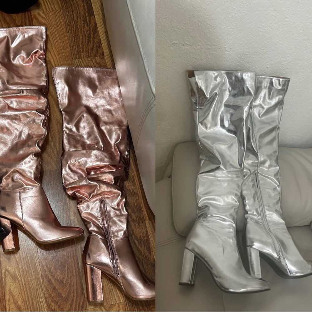 Metallic Silver and Pink Knee-High Boots